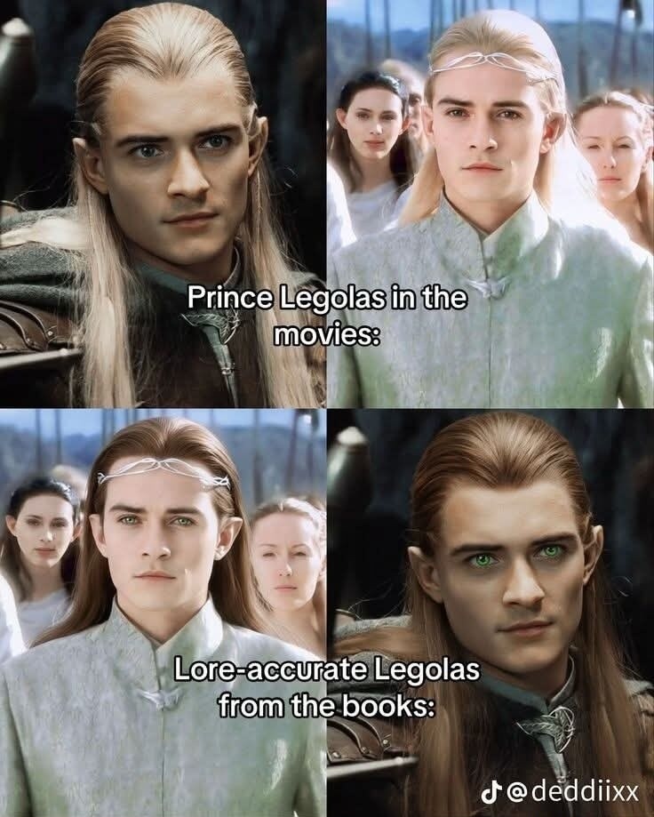 Prince Legolas in the movies:\nLore-accurate Legolas from the books: