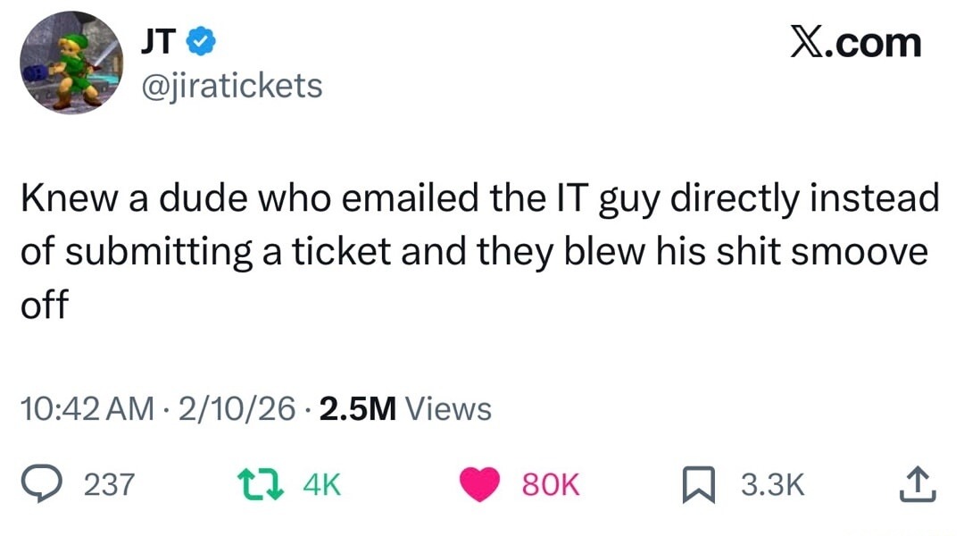 Knew a dude who emailed the IT guy directly instead of submitting a ticket and they blew his shit smoove off