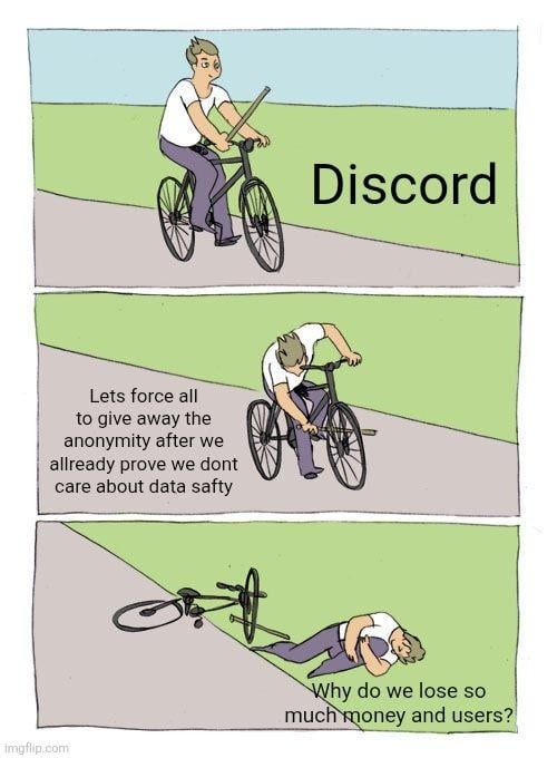 Discord
Lets force all to give away the anonymity after we dont care about data saf ty
Why do we lose so much money and users?