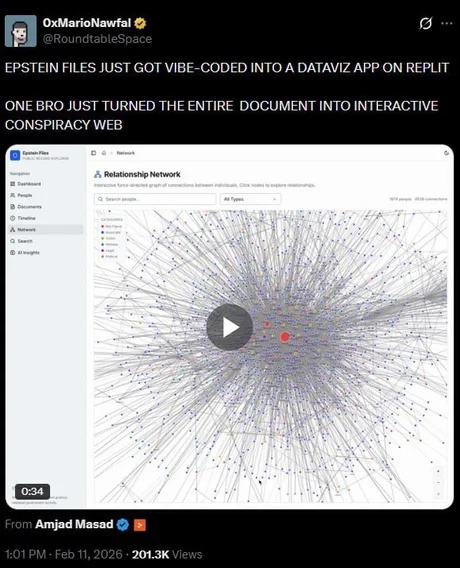EPSTEIN FILES JUST GOT VIBE-CODED INTO A DATAVIZ APP ON REPLIT
ONE BRO JUST TURNED THE ENTIRE DOCUMENT INTO INTERACTIVE CONSPIRACY WEB

From Amjad Masad