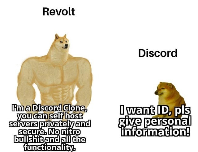 Revolt: I'm a Discord Clone you can self host servers privately and secure. No nitro bullshit and all the functionality. Discord: I want ID, pls give personal information!