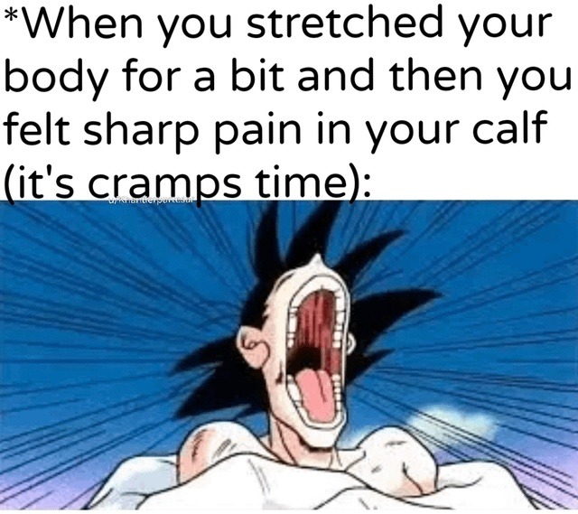 *When you stretched your body for a bit and then you felt sharp pain in your calf (it's cramps time):