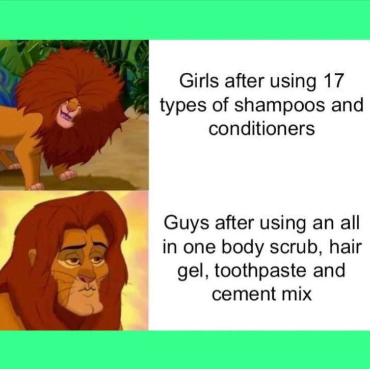 Girls after using 17 types of shampoos and conditioners

Guys after using an all in one body scrub, hair gel, toothpaste and cement mix