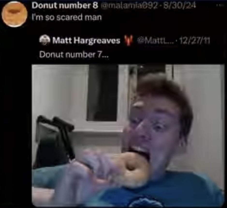 Donut number 8 I'm so scared man Donut number 7... Matt Hargreaves Donut number 7...