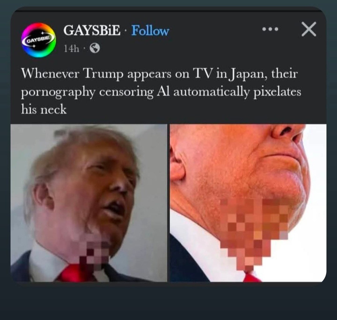 Whenever Trump appears on TV in Japan, their pornography censoring AI automatically pixellates his neck