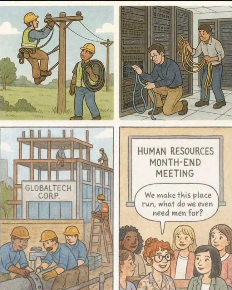 Panel 1: A worker is climbing a utility pole while another stands nearby holding a coil of cable. Panel 2: Two technicians are wiring in a server room. Panel 3: Construction workers are building a structure labeled GLOBALTECH CORP. Panel 4: A Human Resources month-end meeting with several women, one speaking in a bubble: 