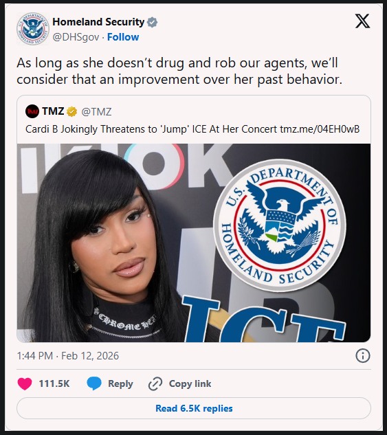 As long as she doesn't drug and rob our agents, we'll consider that an improvement over her past behavior. Cardi B Jokingly Threatens to 'Jump' ICE At Her Concert tmz.me/04EH0wB