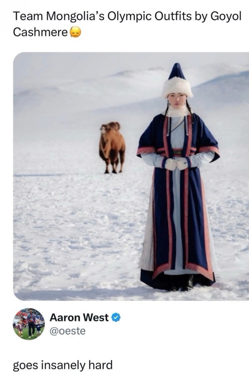 Team Mongolia’s Olympic Outfits by Goyol Cashmere😤

Aaron West @oeste goes insanely hard