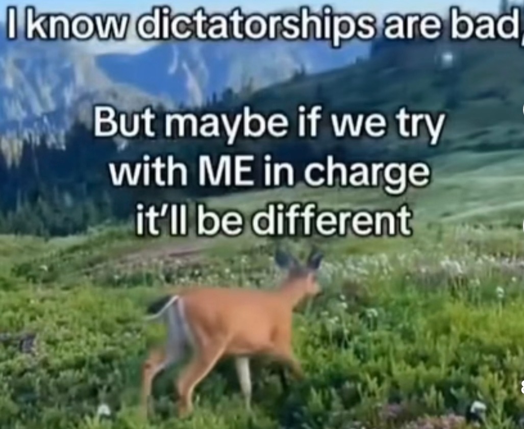 I know dictatorships are bad But maybe if we try with ME in charge it’ll be different