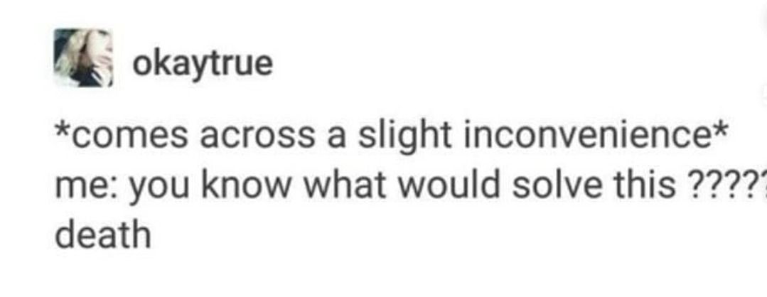 okaytrue *comes across a slight inconvenience* me: you know what would solve this ????? death