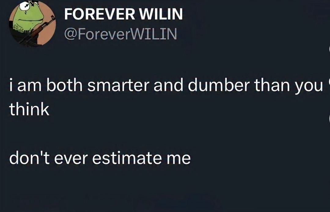 i am both smarter and dumber than you think

don't ever estimate me