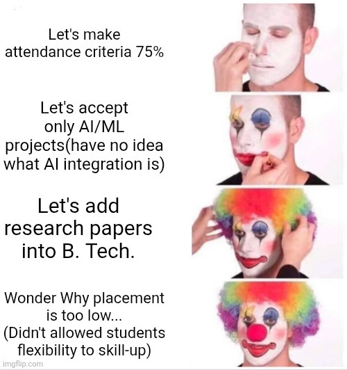 Let's make attendance criteria 75%

Let's accept only AI/ML projects(have no idea what AI integration is)

Let's add research papers into B. Tech.

Wonder Why placement is too low...
(Didn't allowed students flexibility to skill-up)
