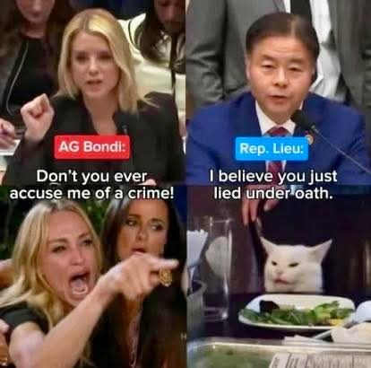 AG Bondi: Don't you ever accuse me of a crime! 
Rep. Lieu: I believe you just lied under oath.