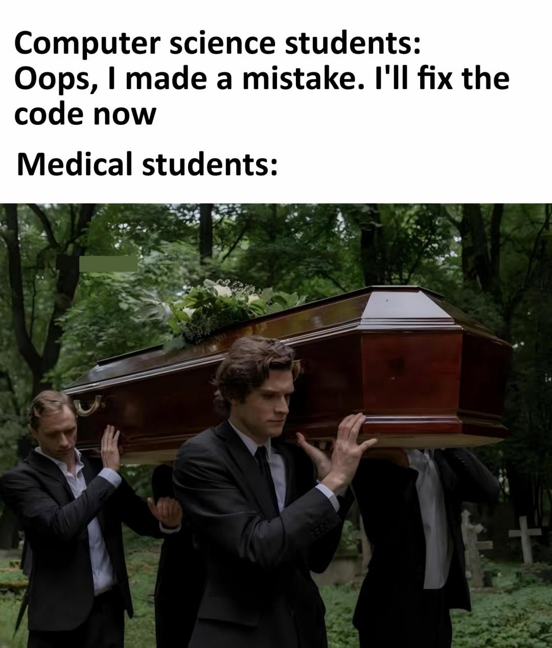 Computer science students: Oops, I made a mistake. I'll fix the code now
Medical students: