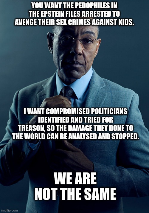 YOU WANT THE PEDOPHILES IN THE EPSTEIN FILES ARRESTED TO AVENGE THEIR SEX CRIMES AGAINST KIDS. I WANT COMPROMISED POLITICIANS IDENTIFIED AND TRIED FOR TREASON, SO THE DAMAGE THEY DONE TO THE WORLD CAN BE ANALYSED AND STOPPED. WE ARE NOT THE SAME