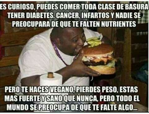 ES CURIOSO, PUEDES comer toda clase de BASURA, TENER DIABETES, CANCER, INFARTOS Y NADIE SE PREOCUPA DE QUE TE FALTE NUTRIENTES

PERO TE HACES VEGANO, PIERDES PESO, ESTAS MAS FUERTE Y SANO QUE NUNCA, PERO TODO EL MUNDO SE PREOCUPA DE QUE TE FALTE ALGO...