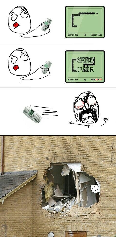 L en la pantalla. GAME LOVER en la pantalla. El teléfono se lanza hacia la persona enojada. Una pared de un edificio se rompe.