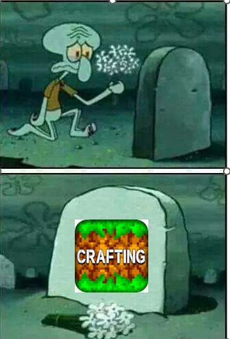 Bob Esponja se arrodilla y sopla una flor de diente de león; después la piedra de la tumba muestra un icono de 'CRAFTING'.