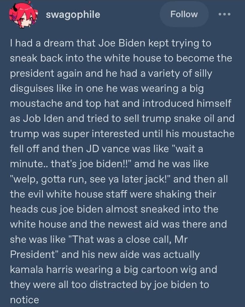 I had a dream that Joe Biden kept trying to sneak back into the white house to become the president again and he had a variety of silly disguises like in one he was wearing a big moustache and top hat and introduced himself as Job lends and tried to sell trump snake oil and trump was super interested until his moustache fell off and then JD vance w
