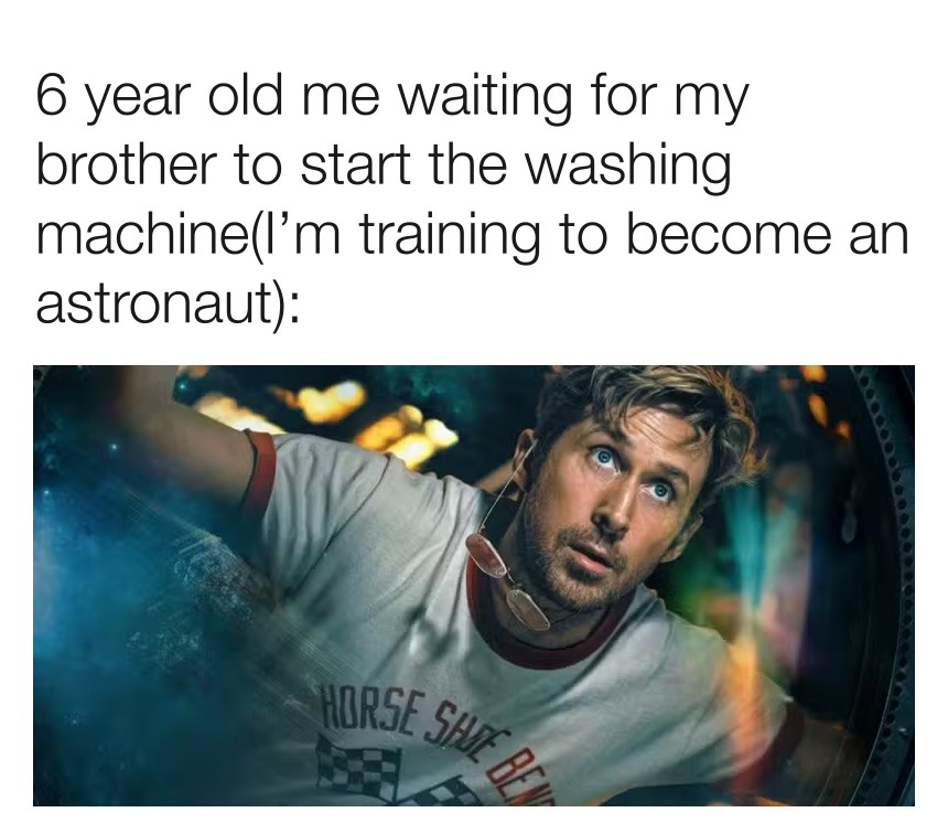 6 year old me waiting for my brother to start the washing machine (I'm training to become an astronaut):