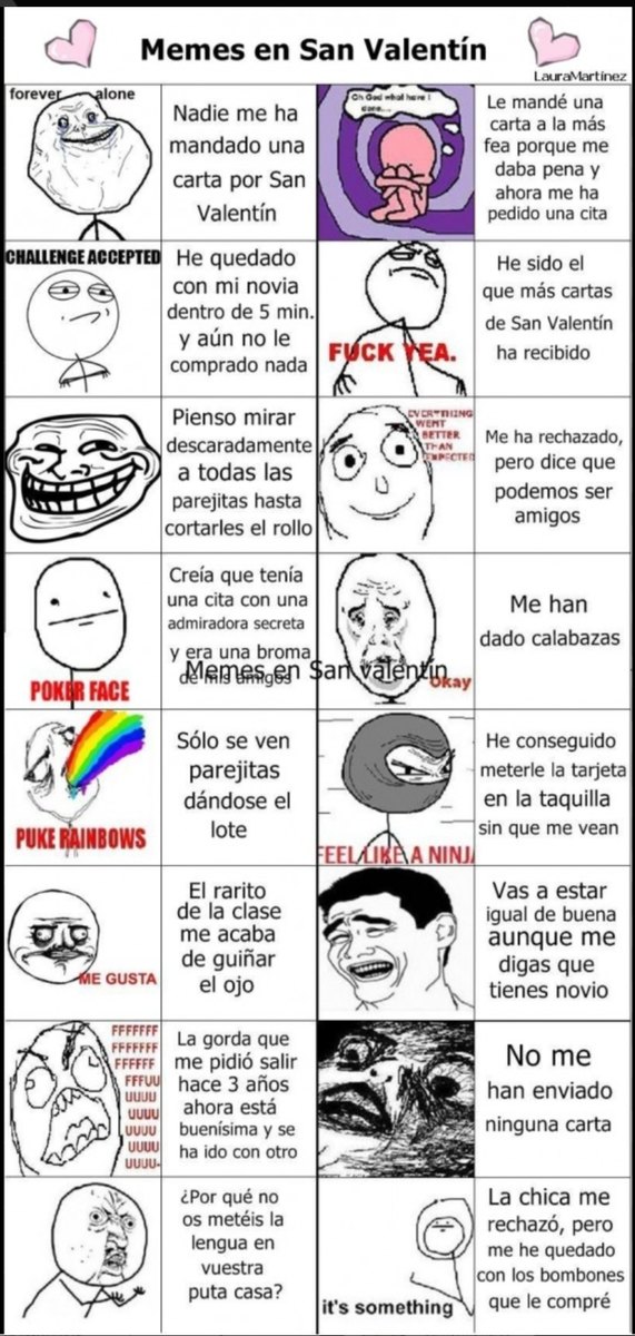 Memes en San Valentín
- forever alone: Nadie me ha mandado una carta por San Valentín
- Le mandé una carta a la más fea porque me daba pena y ahora me ha pedido una cita
- (segunda columna) He quedado con mi novia dentro de 5 min. y aún no le he comprado nada
- He sido el que más cartas de San Valentín ha recibido
- Me ha rechazado, pero dice que p