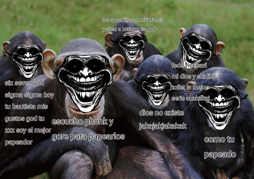 A meme image featuring several monkeys with troll faces and Spanish captions making playful insults about music taste and lifestyle. The exact captions are fragmented and somewhat difficult to read due to overlapping text and image distortion.