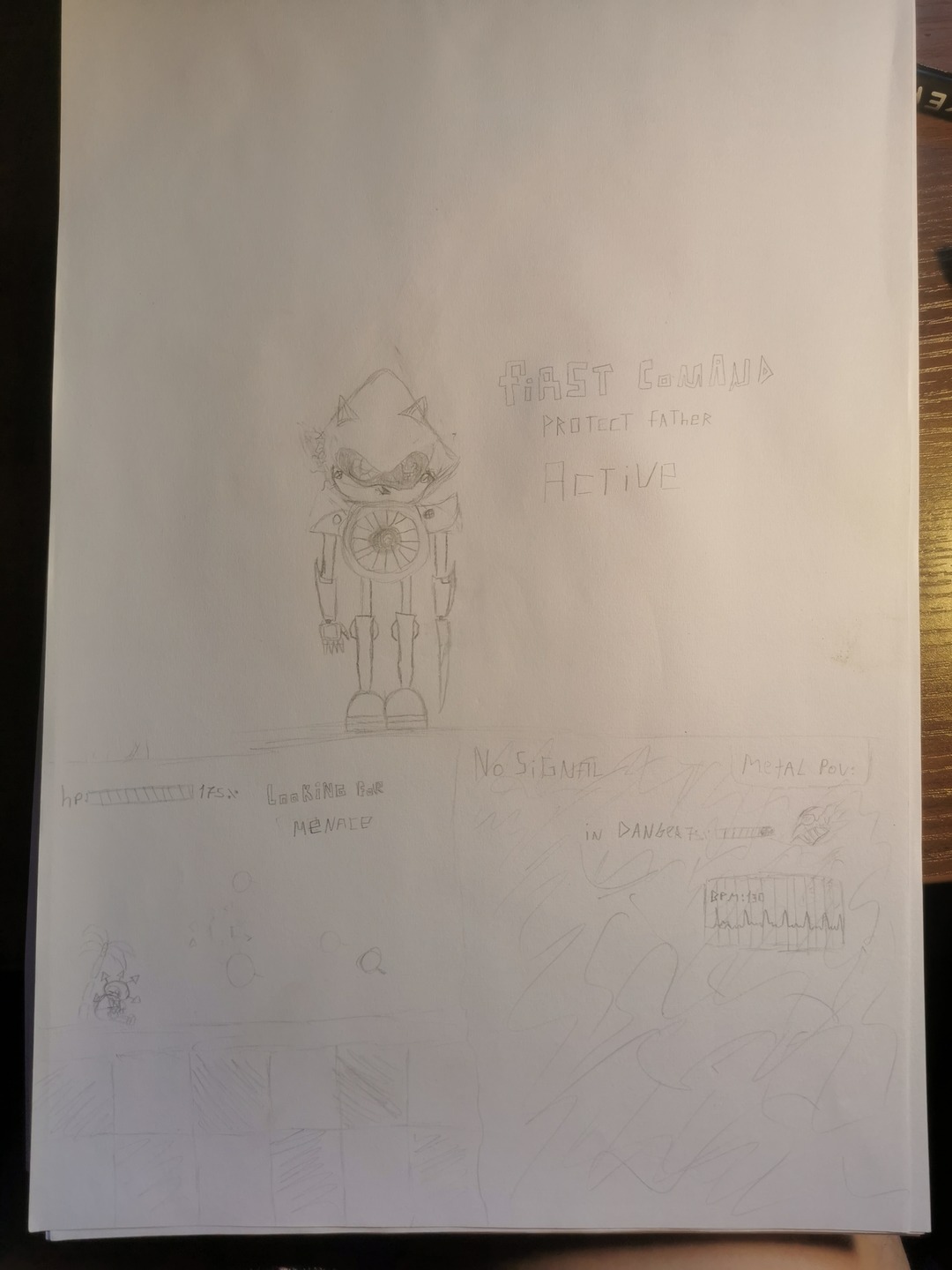 A pencil sketch showing a small robot figure with a round chest plate. There is faint text nearby that is not fully legible, possibly a title or labels.