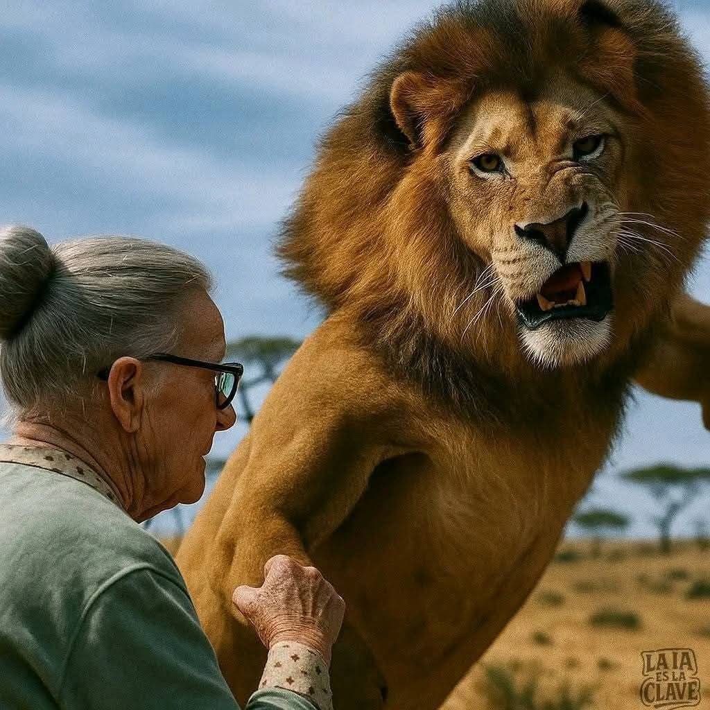 Una mujer mayor acaricia a un león en un paisaje de sabana.