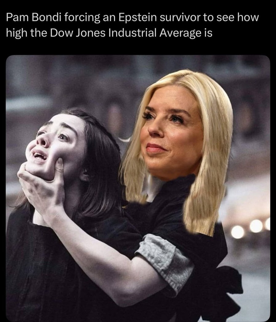 Pam Bondi forcing an Epstein survivor to see how high the Dow Jones Industrial Average is