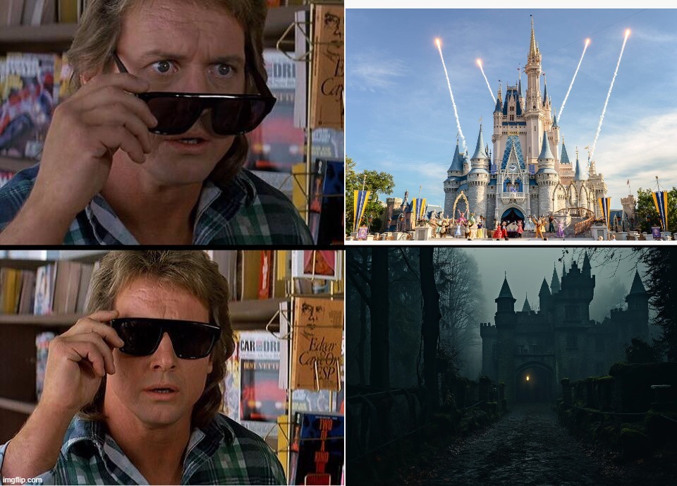 Two panels of a man putting on sunglasses, looking surprised. The right panels show a Disney castle with fireworks, followed by a dark, ominous castle scene.