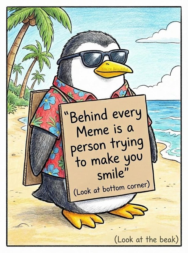 Behind every Meme is a person trying to make you smile (Look at bottom corner)
(Look at the beak)