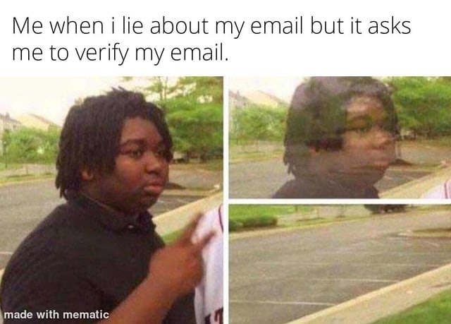 Me when i lie about my email but it asks me to verify my email.