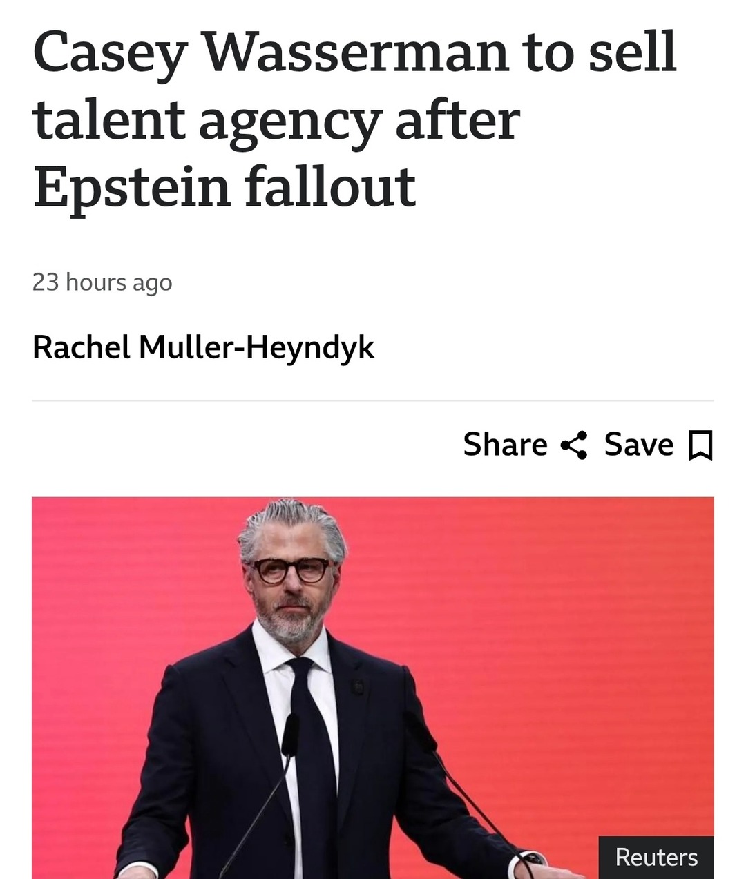 Casey Wasserman to sell talent agency after Epstein fallout 23 hours ago Rachel Muller-Heyndyk