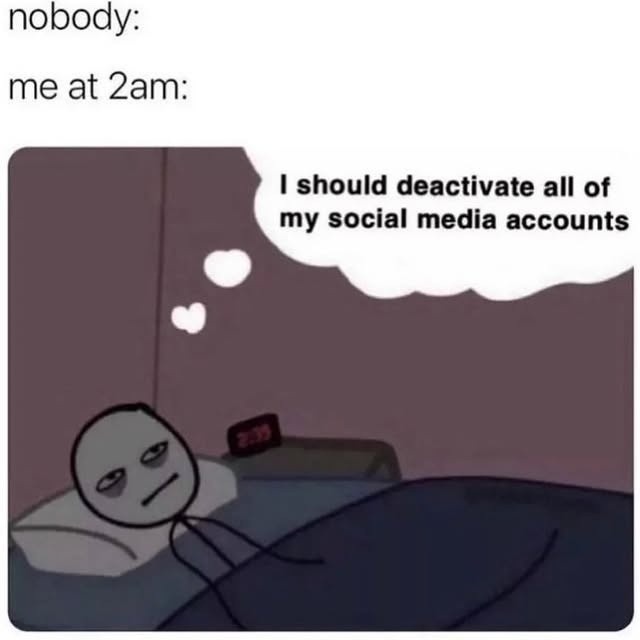nobody:
me at 2am:
I should deactivate all of my social media accounts