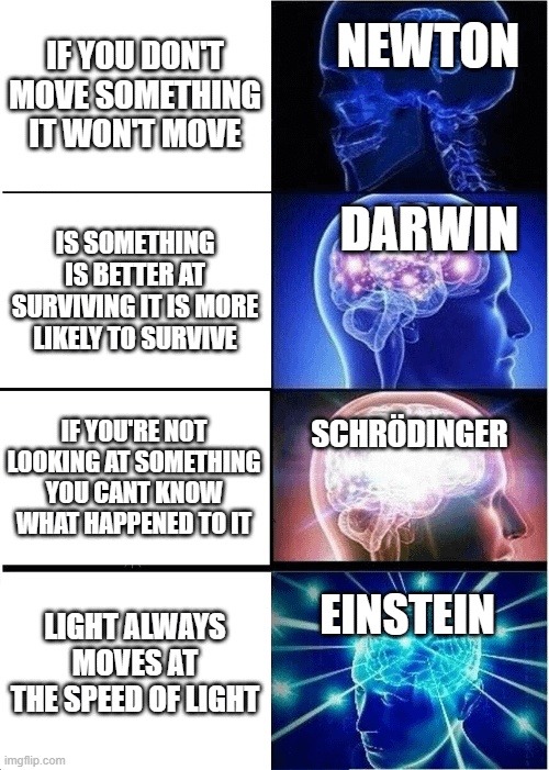 IF YOU DONT MOVE SOMETHING IT WONT MOVE
NEWTON
IS SOMETHING IS BETTER AT SURVIVING IT IS MORE LIKELY TO SURVIVE
DARWIN
IF YOU'RE NOT LOOKING AT SOMETHING YOU CANT KNOW WHAT HAPPENED TO IT
SCHRÖDINGER
LIGHT ALWAYS MOVES AT THE SPEED OF LIGHT
EINSTEIN