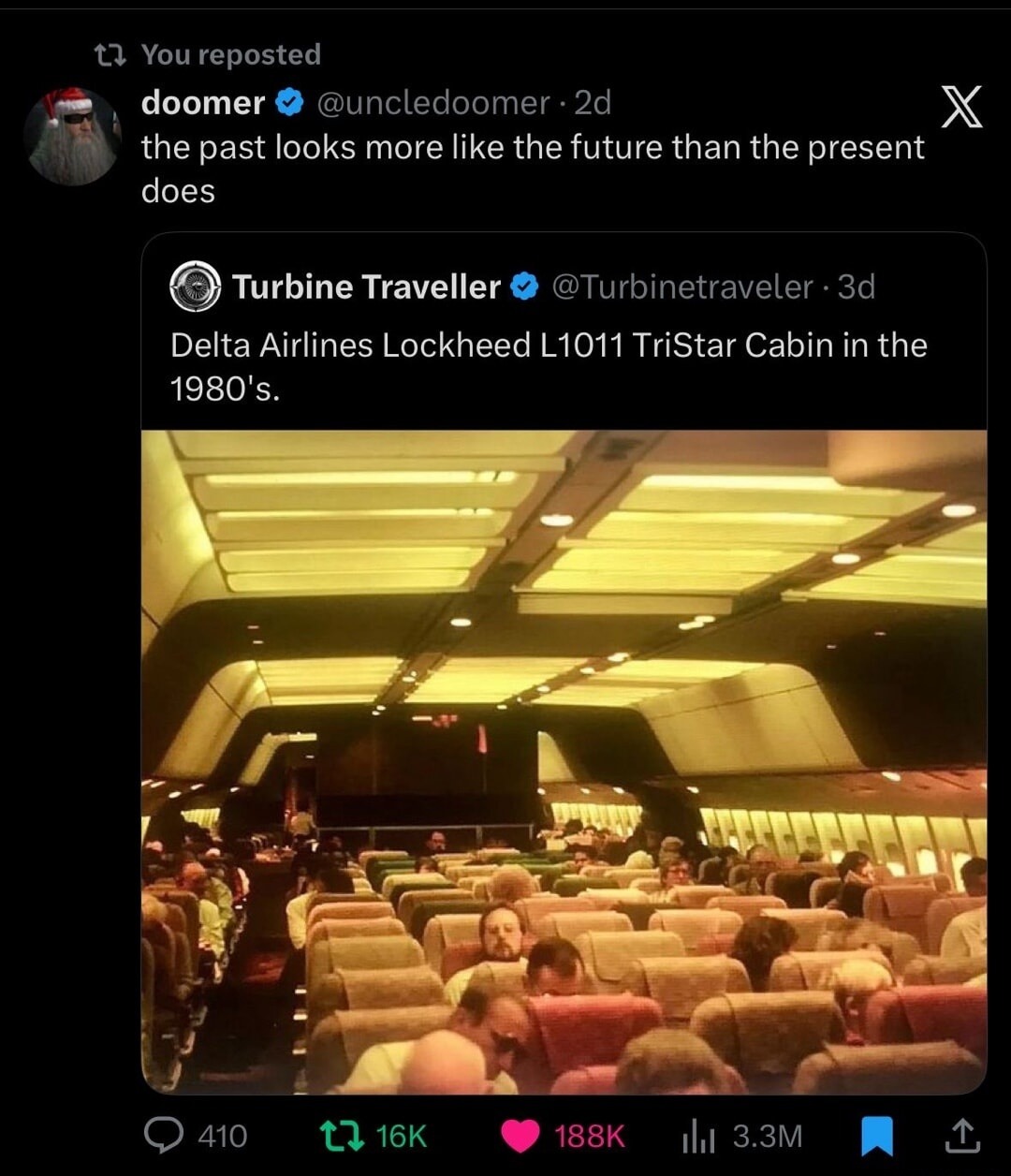 the past looks more like the future than the present does
Delta Airlines Lockheed L1011 TriStar Cabin in the 1980's.