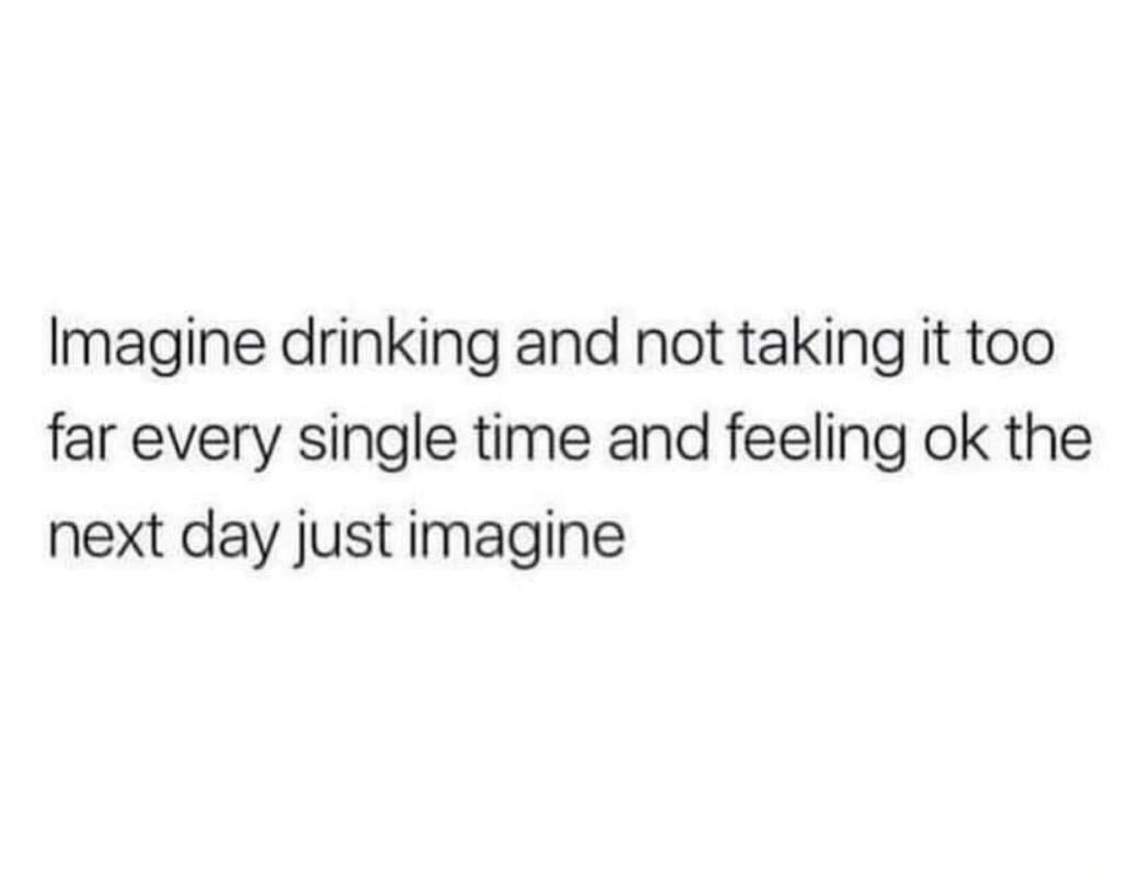 Imagine drinking and not taking it too far every single time and feeling ok the next day just imagine