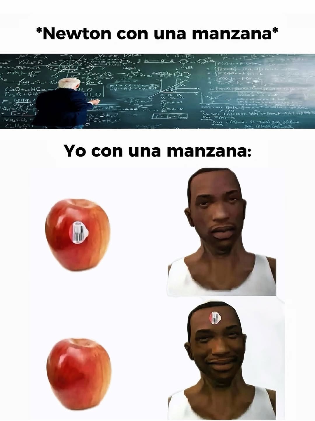 *Newton con una manzana*
Yo con una manzana:
[manzana] [rostro de hombre] [otra foto del mismo rostro]