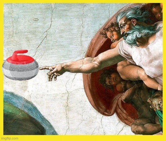 A humorous edit of the Creation of Adam: God’s finger reaches toward Adam, but a small gray and red plastic gadget appears near their fingers.