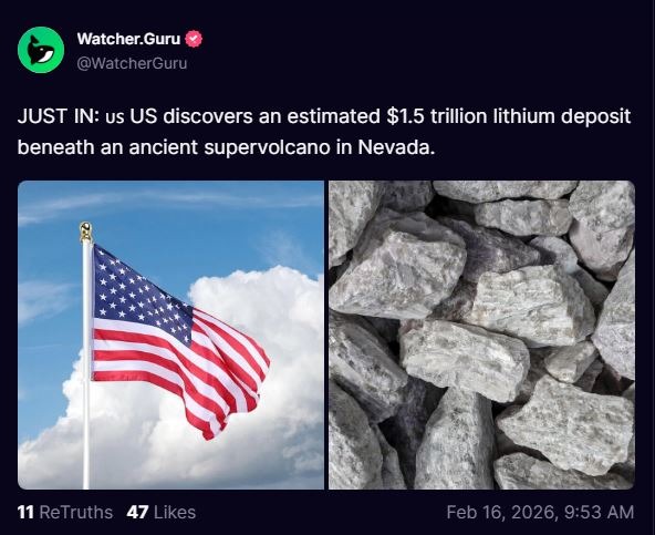 JUST IN: us US discovers an estimated $1.5 trillion lithium deposit beneath an ancient supervolcano in Nevada.