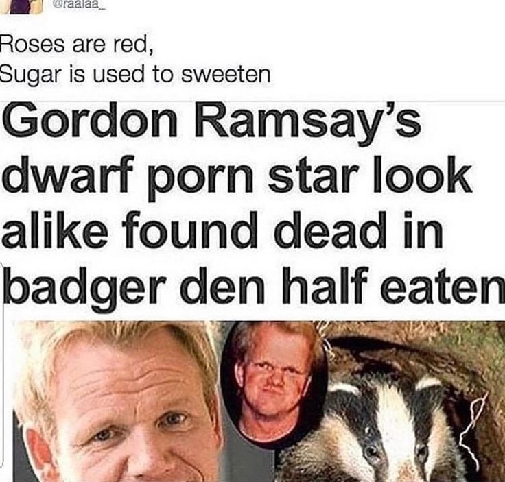 Roses are red,
Sugar is used to sweeten
Gordon Ramsay’s dwarf porn star look alike found dead in badger den half eaten