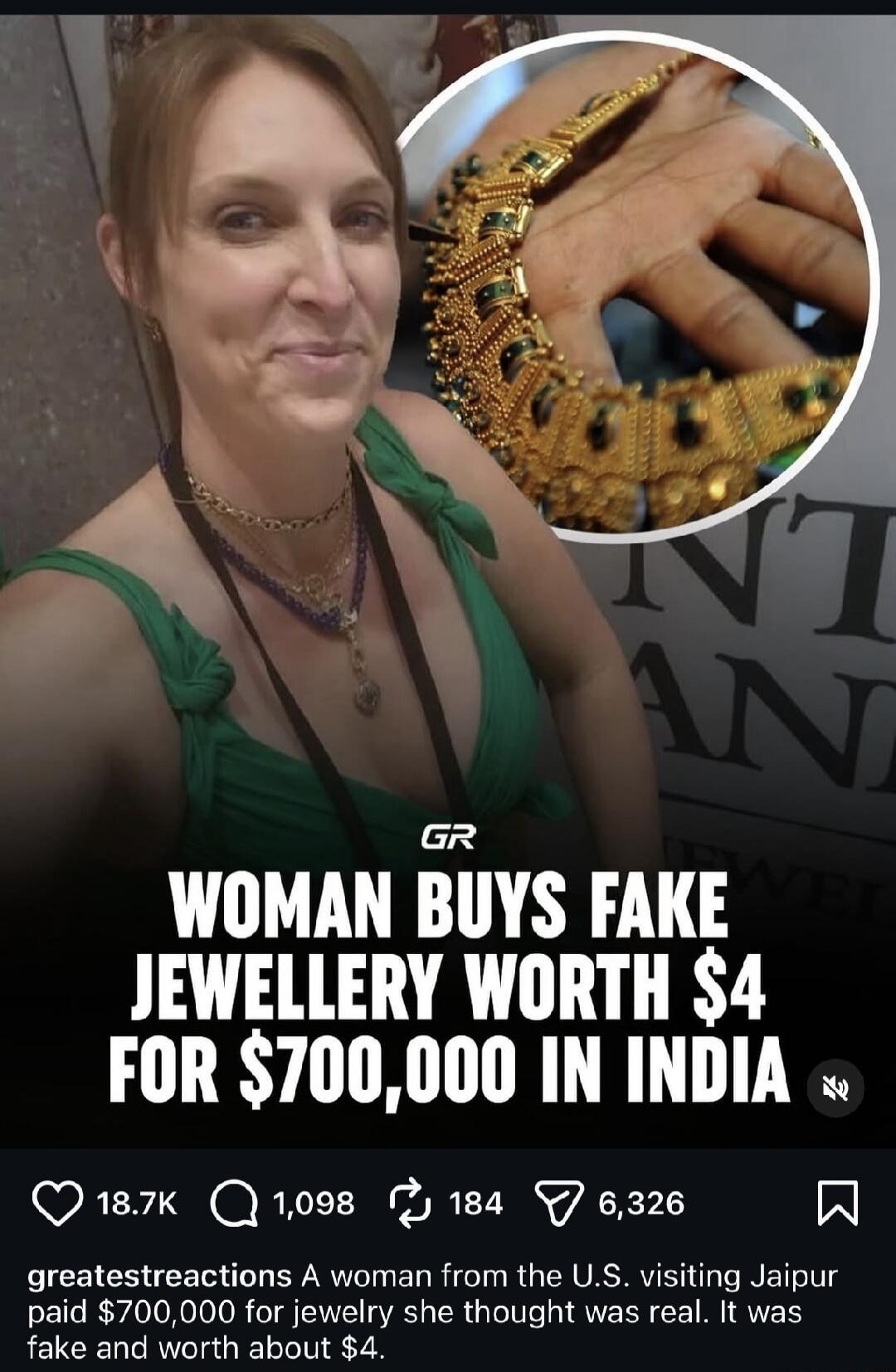WOMAN BUYS FAKE JEWELLERY WORTH $4 FOR $700,000 IN INDIA