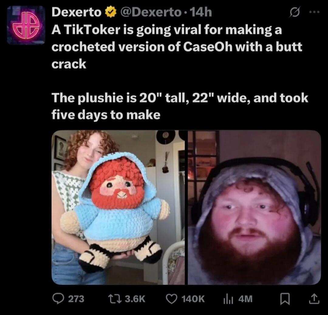 A TikTokER is going viral for making a crocheted version of CaseOh with a butt crack The plushie is 20