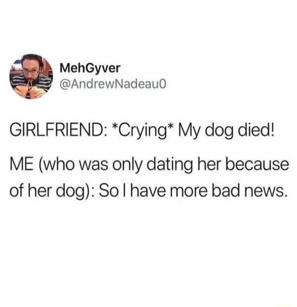 GIRLFRIEND: *CRYING* My dog died! ME (who was only dating her because of her dog): So I have more bad news.