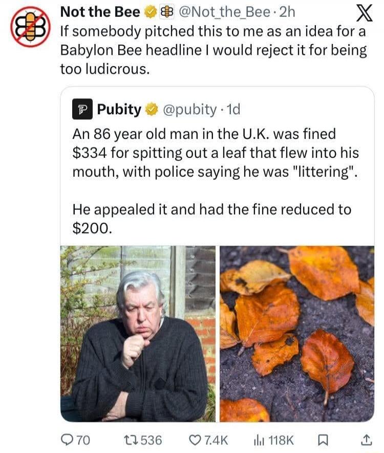 An 86 year old man in the U.K. was fined $334 for spitting out a leaf that flew into his mouth, with police saying he was 'littering'. He appealed it and had the fine reduced to $200.
