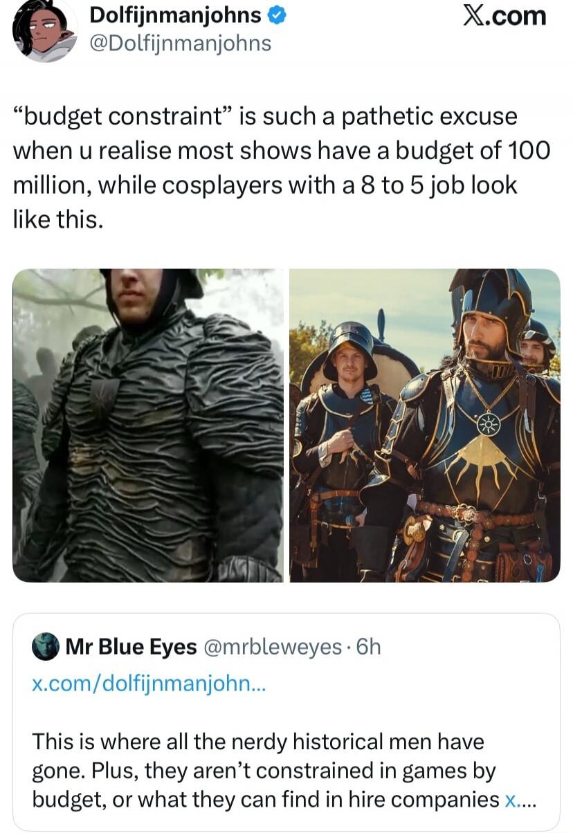 “budget constraint” is such a pathetic excuse when realise most shows have a budget of 100 million, while cosplayers with a 8 to 5 job look like this.
