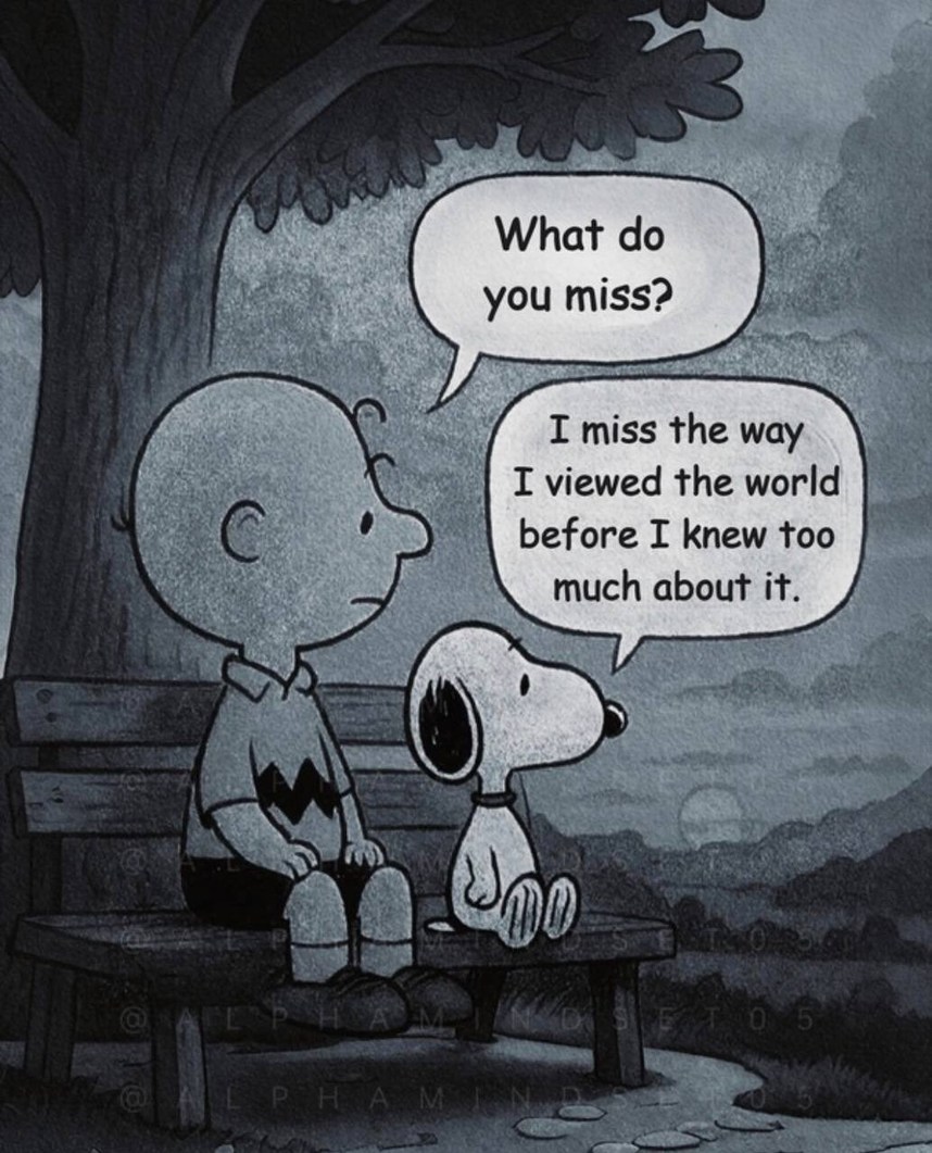 What do you miss? I miss the way I viewed the world before I knew too much about it.