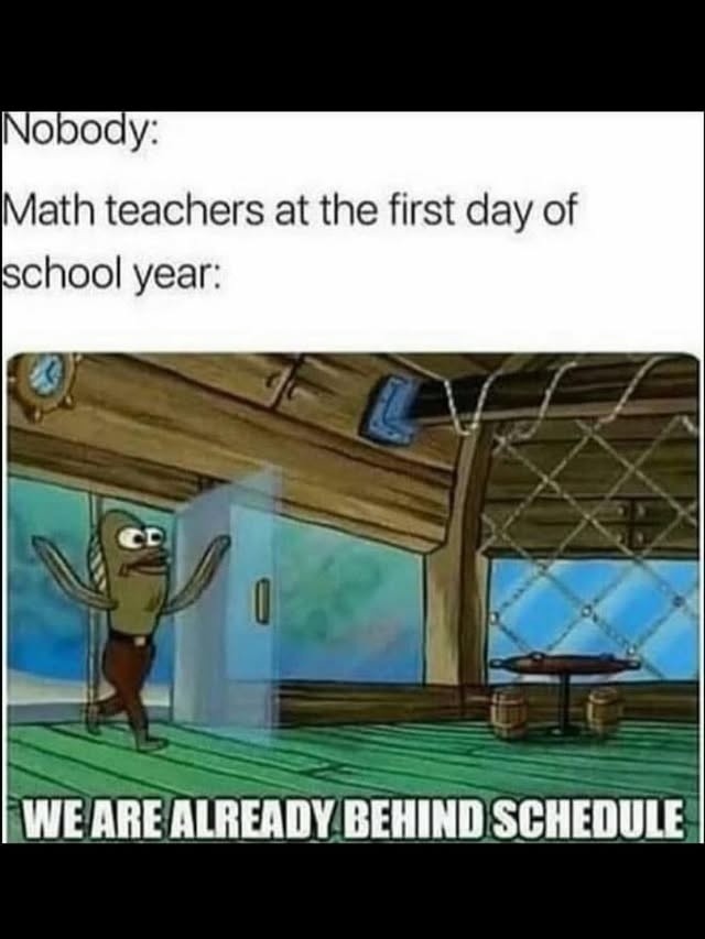 Nobody:
Math teachers at the first day of school year:
WE ARE ALREADY BEHIND SCHEDULE