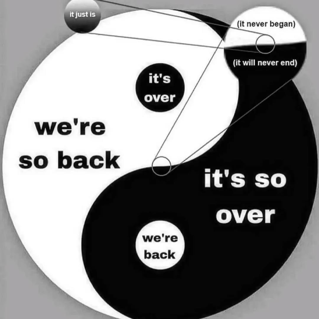 it's over. it's so. we're back. it's over. it just is. (It never began) (It will never end). we're back.