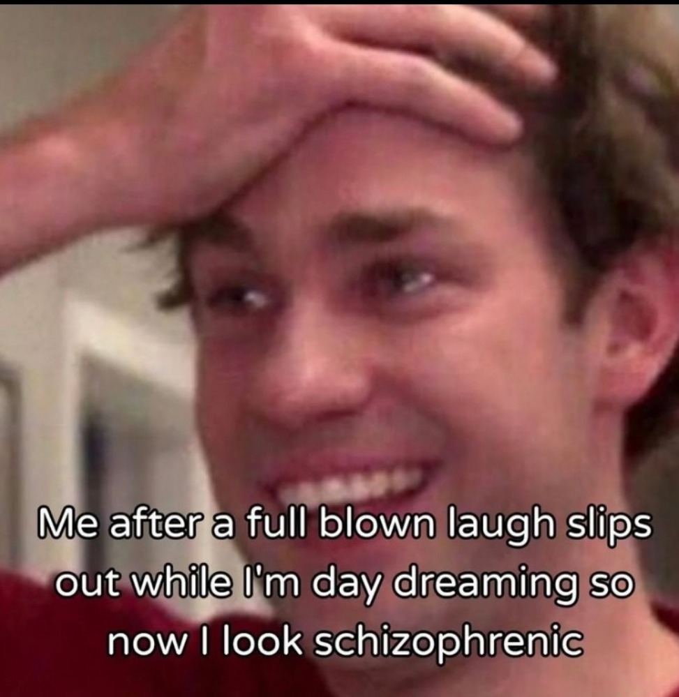 Me after a full blown laugh slips out while I'm day dreaming so now I look schizophrenic